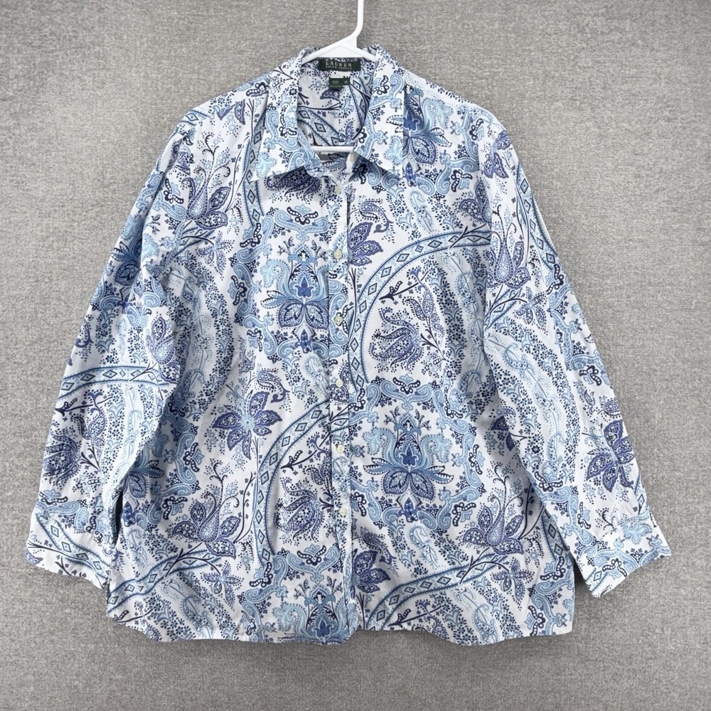 Lauren Ralph Lauren Blouse Top Women Size 2X White Paisley Blue Casual Button Up